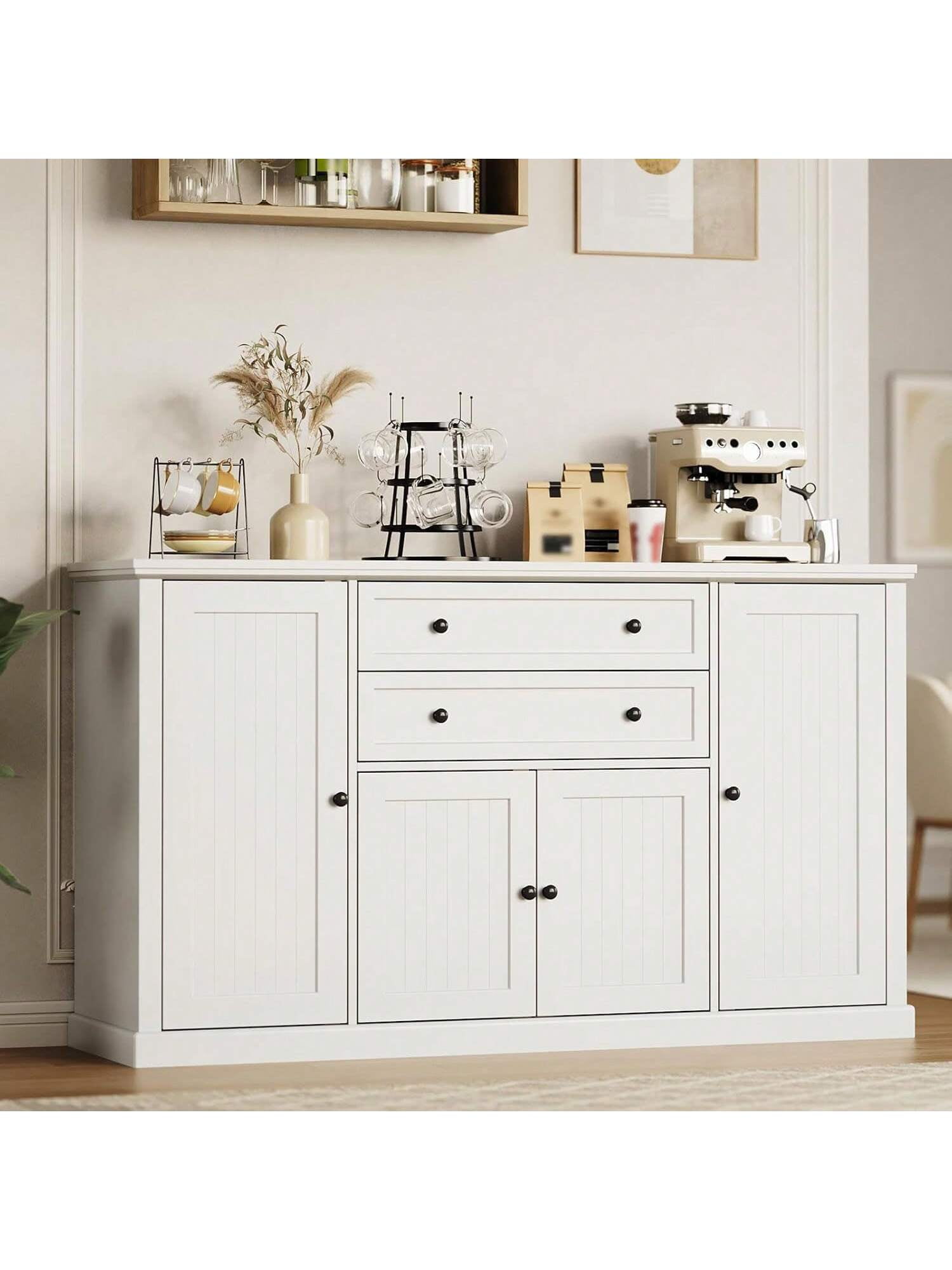 White- 58" Large Kitchen Buffet Cabinet With Storage Drawers, Farmhouse ...