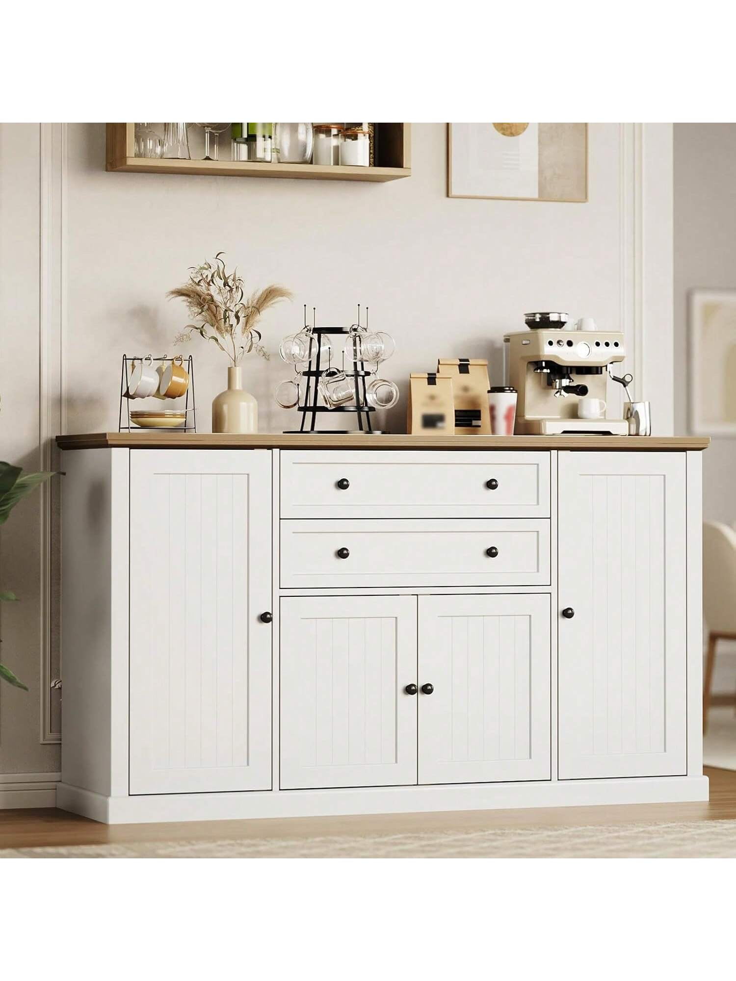 White 58" Large Kitchen Buffet Cabinet With Storage Drawers, Farmhouse ...