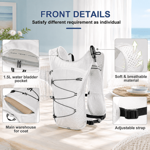White 5L Running Hydration Pack Vest with 1.5L Water Bladder