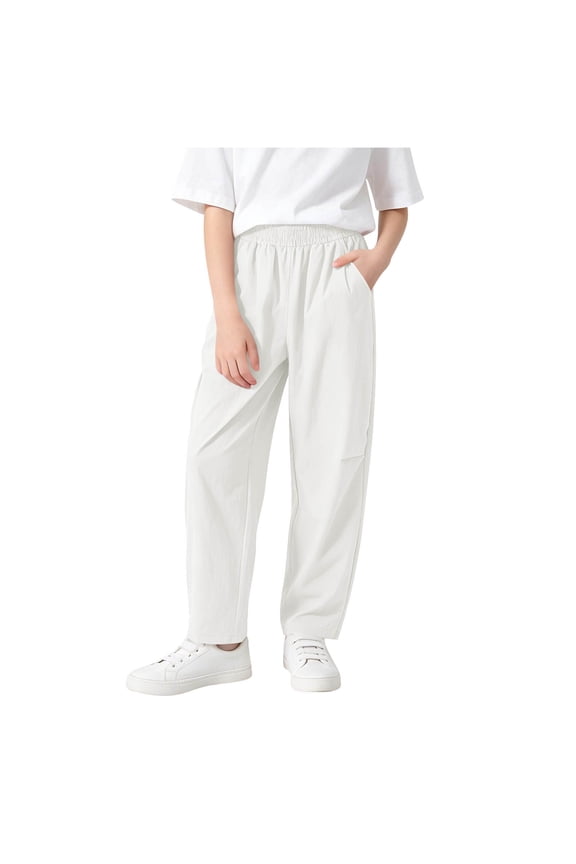 White 5T Girls Straight Leg Casual Pants, Soft Polyamid Elastic Waist Preschool Play Bottoms,Size 7 T