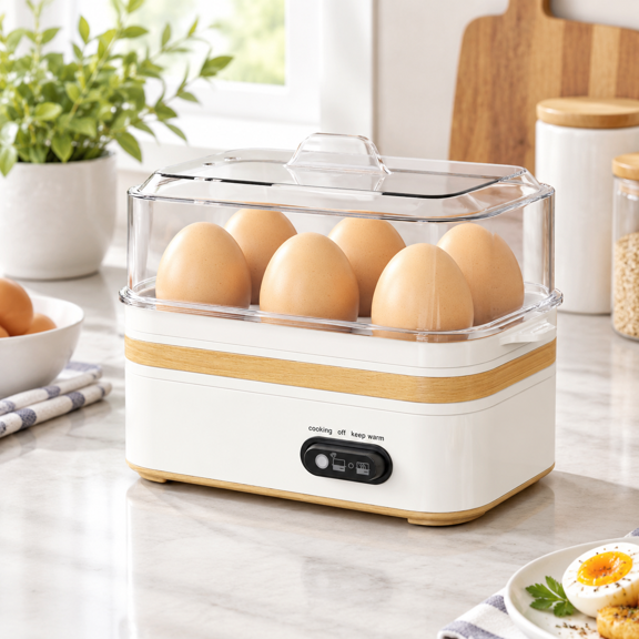 White 6-Capacity Rapid Electric Egg Cooker for soft, medium, hard boiled, poached, and scrambled eggs