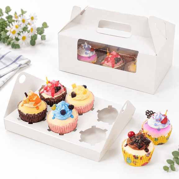 White 6-Count Cupcake Boxes, 50-Pack, Food-Grade Cardboard Gable Containers with Handles and Windows