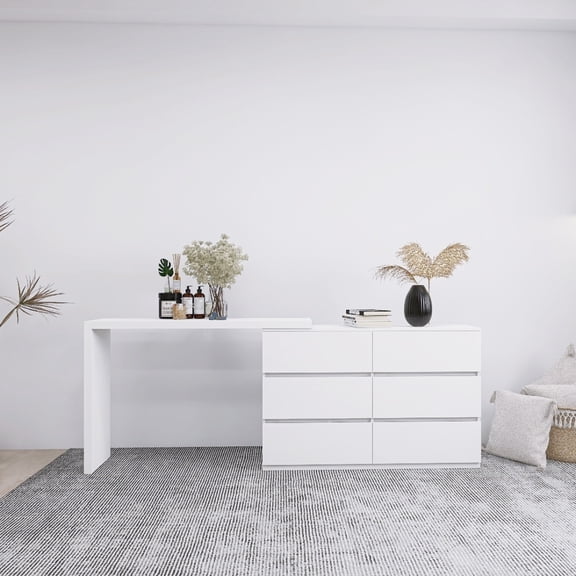 White 6-Drawer Chest of Drawers with Extended Desktop, Modern Vanity Desk & Storage Cabinet Combo for Bedroom, Living Room, or Study, Space-Saving Rotatable Design, Scratch-Resistant Finish, Easy Ass