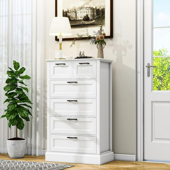White 6 Drawer Dresser, 47'' Tall Modern Vertical Chest of Drawers with Painted Wood, Storage Dressers for Bedroom, Living Room, Hallway, Entryway, White
