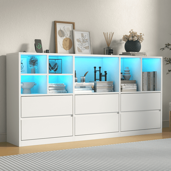 White 6-Drawer Dresser with 7 Storage Cubbies, Chest of Drawers with Power Outlet and LED Lights, 63" Triple Wide Long Organizer for Bedroom, Modern Open Shelf for Living Room – STIKELY