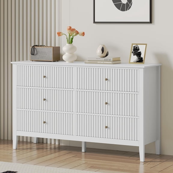 White 6 Drawer Dresser for Bedroom, Fluted Painted Wood Chest of Drawers, Modern TV Stand Storage Cabinet for Living Room, Entryway, 47" W x 16" D x 32" H