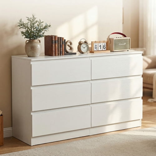 White 6 Drawer Dresser, Modern Dresser for Bedroom, Wood Storage Cabinet with 6 Deep Drawers, Concealed Handles for Living Room, Hallway Entryway