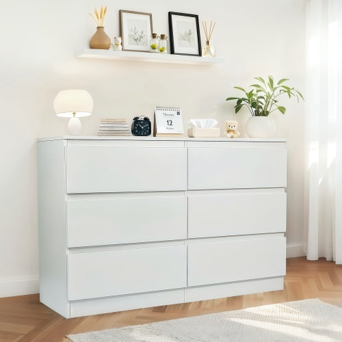 White 6 Drawer Dresser, Modern Dresser for Bedroom, Wood Storage Cabinet with 6 Deep Drawers, Concealed Handles for Living Room, Hallway Entryway