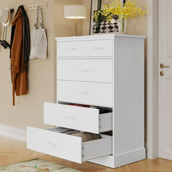 Aunfebrco 6 Drawer Dresser for Bedroom White Dresser Storage Cabinet with “X” Steel Frame&Solid Bottom, Tall Chest of 6 Drawers for Living Room Entryway