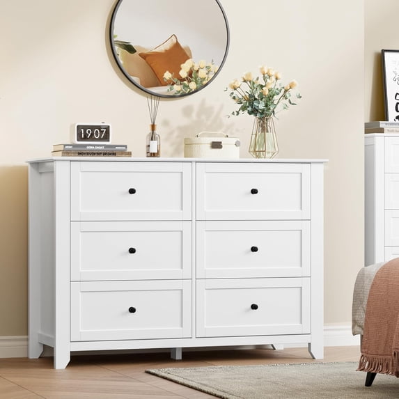 White 6 Drawer Dresser for Bedroom, Large Dresser with Deep Drawers & Metal Knobs, Modern Wooden Chests of Drawers for Entryway, Hallway