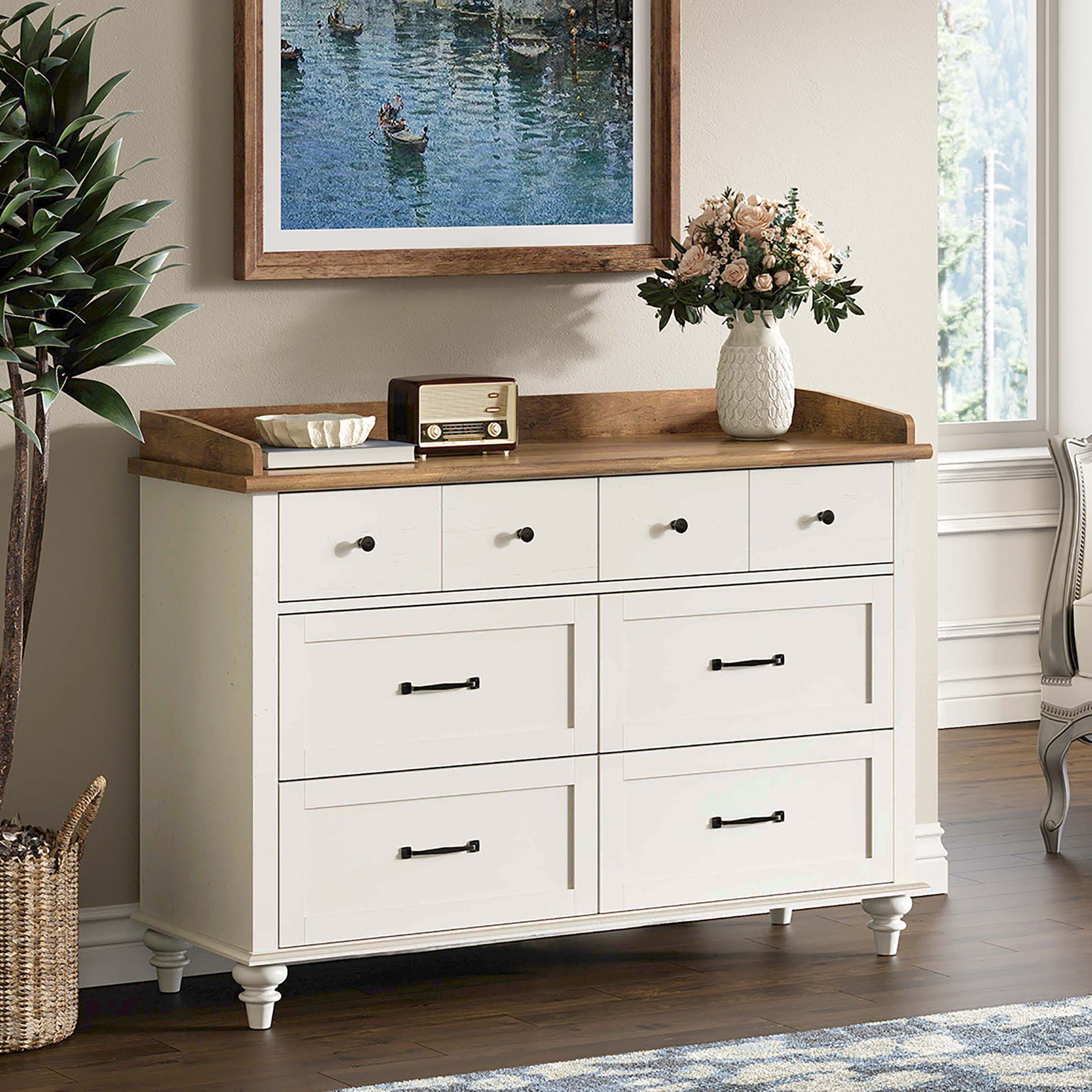 White 6 Drawer Dresser for Bedroom, Wooden Chest of Drawers for Living Room
