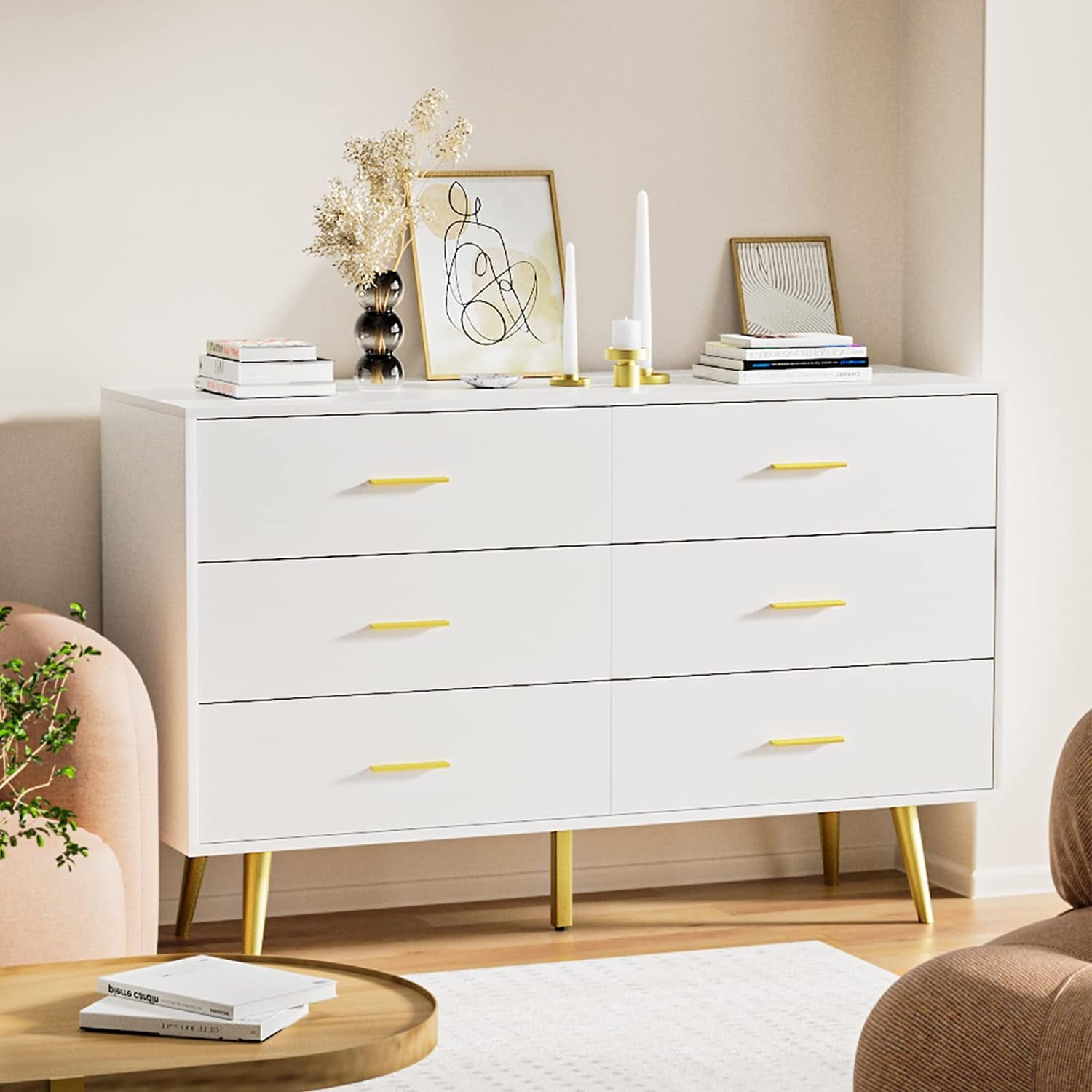 White 6-Drawer Dresser with Gold Handles and Deep Drawers