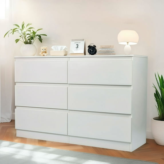White 6 Drawer Dresser with Concealed Handles and Spacious Countertop for Bedroom, Living Room,15.7" D x 47.2" W