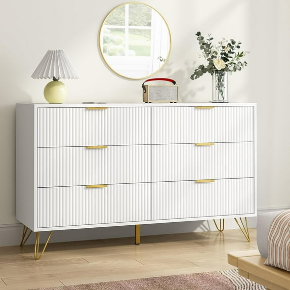 White 6 Drawer Dresser with Golden Handle, Fluted Wood Dressers, Modern Chest for Bedroom, Living Room, Hallway, Entryway