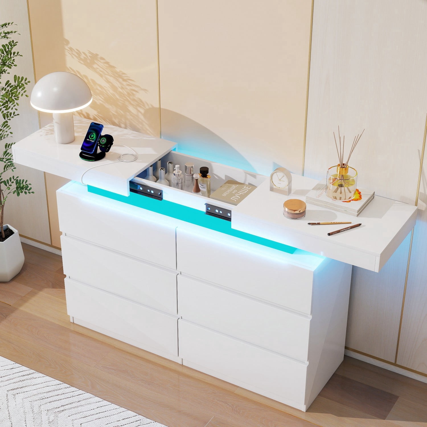 White 6 Drawer Dresser with Sliding Top, LED Lights & Charging Station - Spacious Chest of Drawers for Bedroom, Entryway, or Hallway Storage