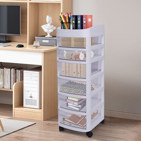 White 6 Drawers Plastic Storage Cabinet Rolling Cart Clear Organizer Trolley w/Wheels