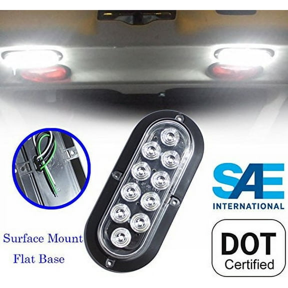 White 6" Oval LED Light Waterproof Surface Mount Backup Reverse for Truck Trailer Tractor Jeep Flat Base DOT SAE Approved