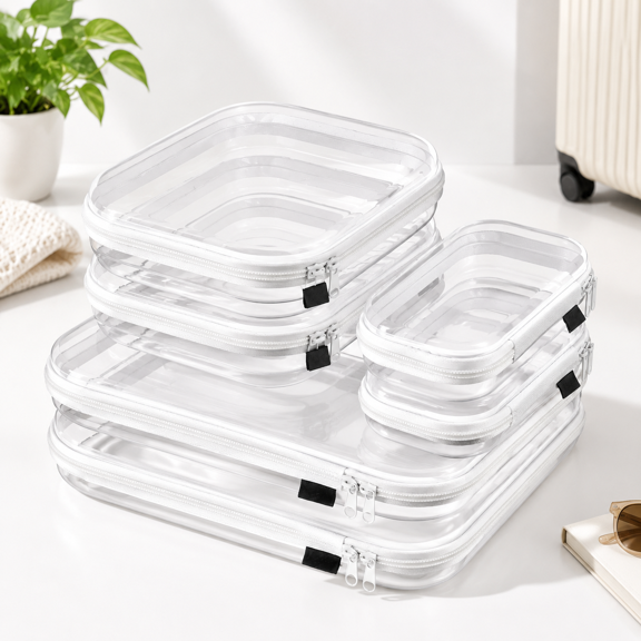 White 6 Pack (2L+2M+2S) Clear Hard Shell Zipper Electronics Carrying Cases