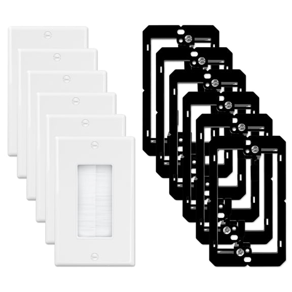 White 6 Pack Brush Wall Plate Single Gang Cable Access for Home Theater Systems