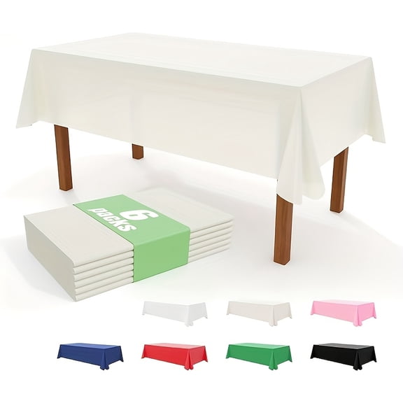 White-6 Pack Disposable Heavy Duty Plastic Tablecloths, 54" x 72" Large Waterproof Table Covers, Durable Plastic Table Liners for Wedding, Birthday, Gender Reveal, Buffet Table, Easy to Clean, No Ass