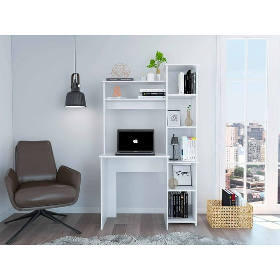 White 6-Shelf Writing Desk with Built-in Bookcase