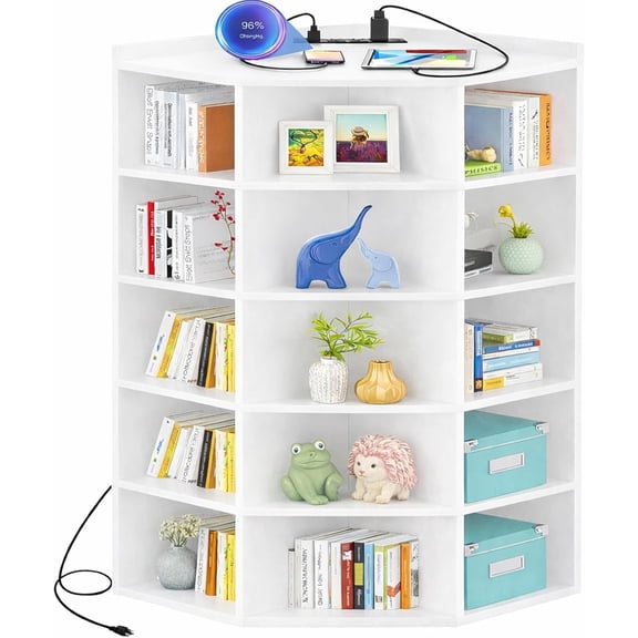 White 6-Tier Corner Bookshelf with Power Outlets, L-Shaped Cubby Toy Storage with 15 Cubes and Top Table