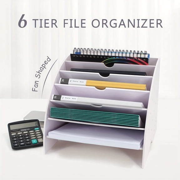 White 6 Tier Desktop File Organizer, Plastic Fan Shape Document Holder for Office Desk Storage, Foldable Paper Sorter Rack for Home School Classroom Organization