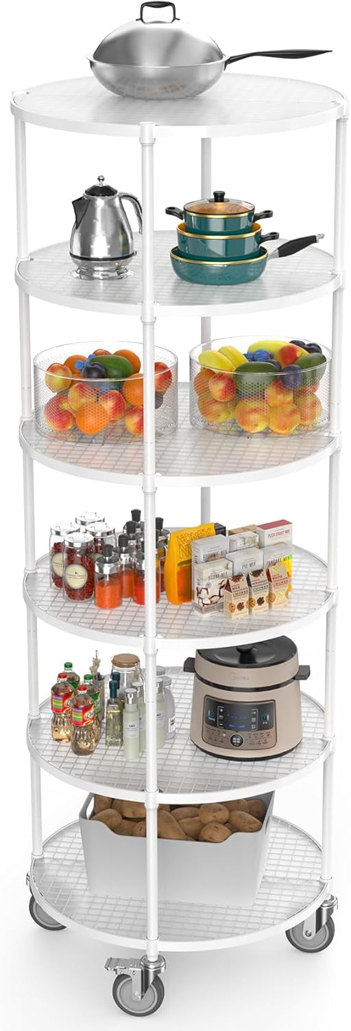 Round Metal Storage Racks White 6 Tier NSF Metal Round Wire Shelving Units with Shelf Liners ...