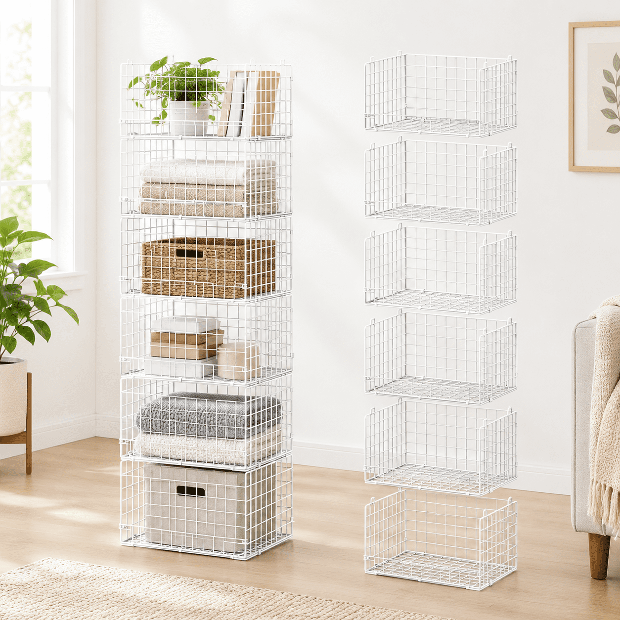 White 6-Tier Stackable Closet Organizer, Foldable Metal Storage Basket ...
