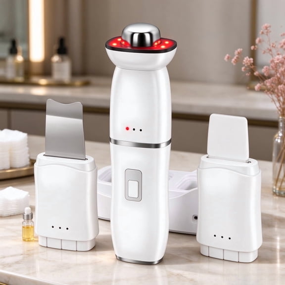 White 6-in-1 Ultrasonic Facial Cleansing & Massage System, Multi-Mode Light Care Skin Scrubber with Charging Base, Handheld At-Home Spa Beauty Tool for Daily Facial Cleansing & Skincare Routine