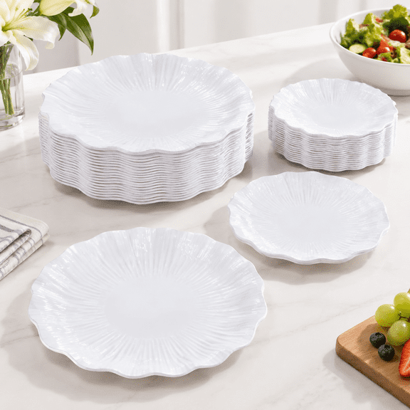 White 60-Piece Scalloped Heavy Duty Disposable Plastic Plate Set