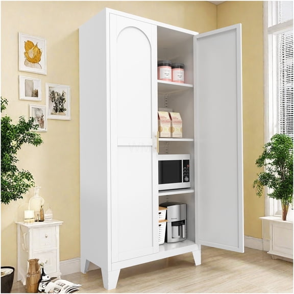 White 61" Steel Storage Cabinet with Adjustable Shelves, 2 Door Metal Organizer for Living Room, Bedroom, Office