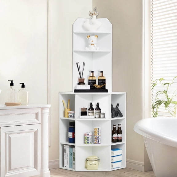 Modern White Corner Cabinet with Charging Station, 64" Height, 3 Adjustable Shelves, for Bedroom, Bathroom or Kitchen