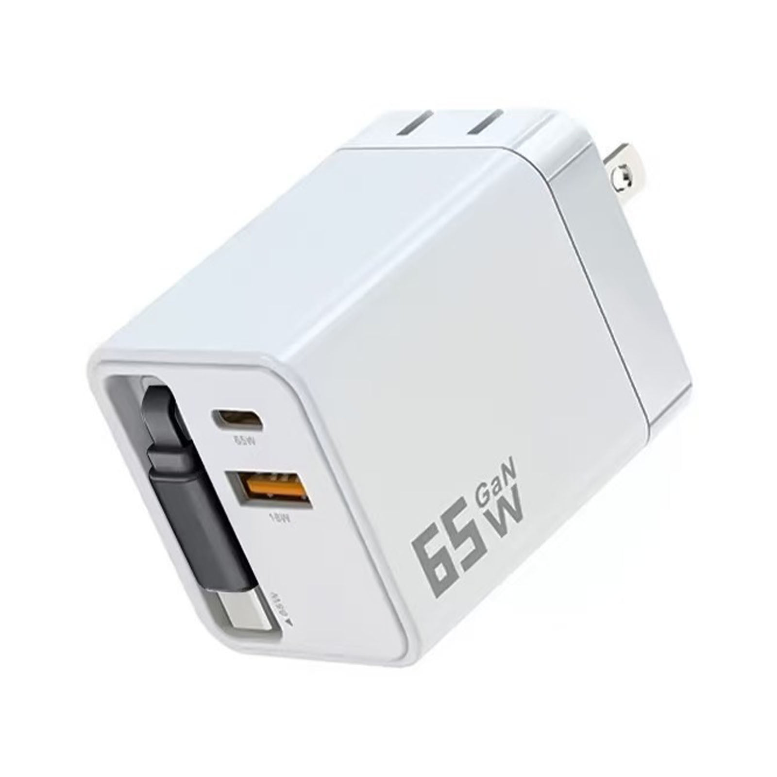 White 65W Fast Charger Wall Plug With Retractable Type C Cable And 2 ...