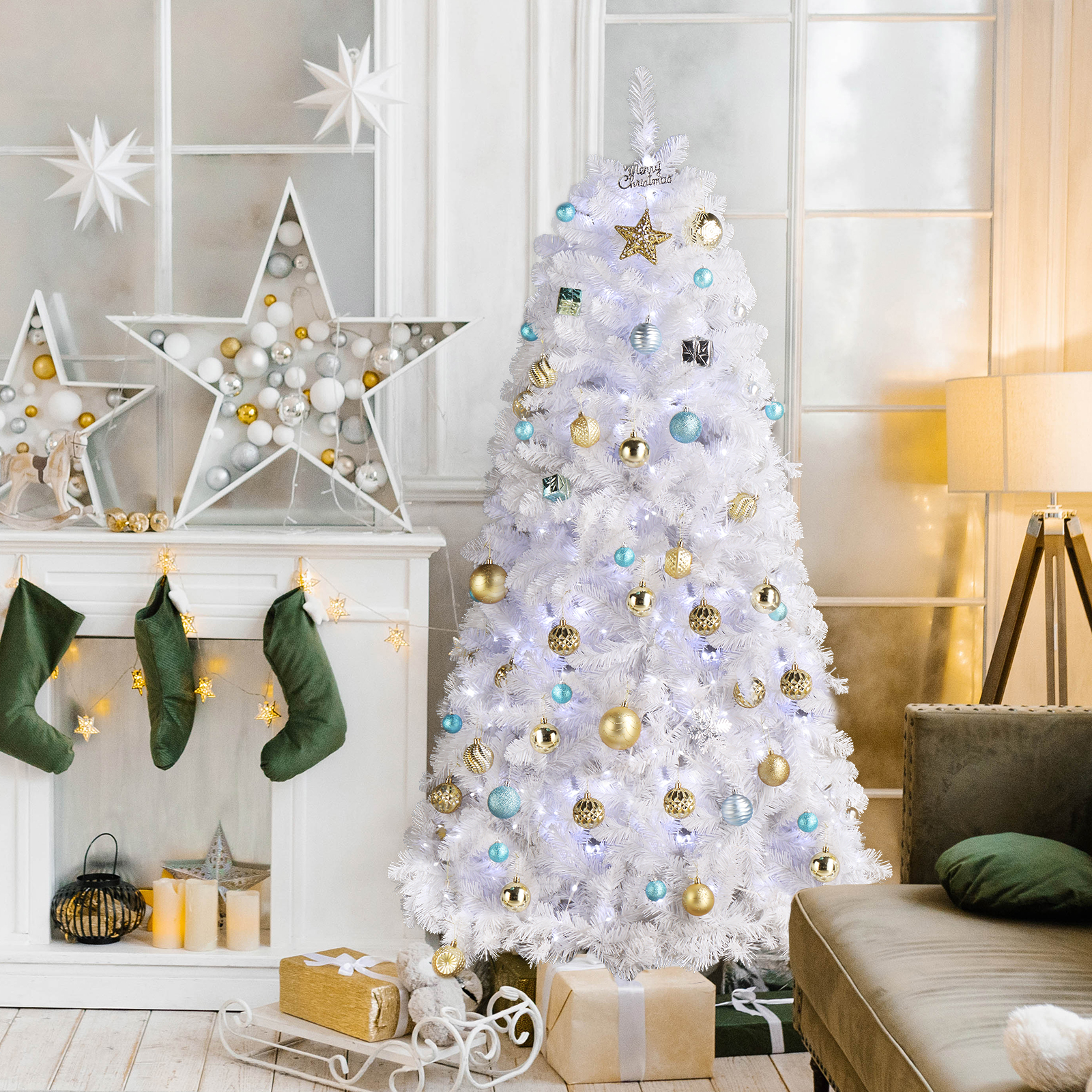 White 6ft Artificial Christmas Tree, Prelit Xmas Tree with 300 LED