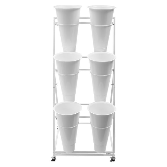 White 6pcs Buckets Flower Display Stand, 3-Tier Flower Holder with 4 Wheels Moving Flower Rack for Organizing and Displaying Plants for Homes, Florists, Home Balconies, Gardens