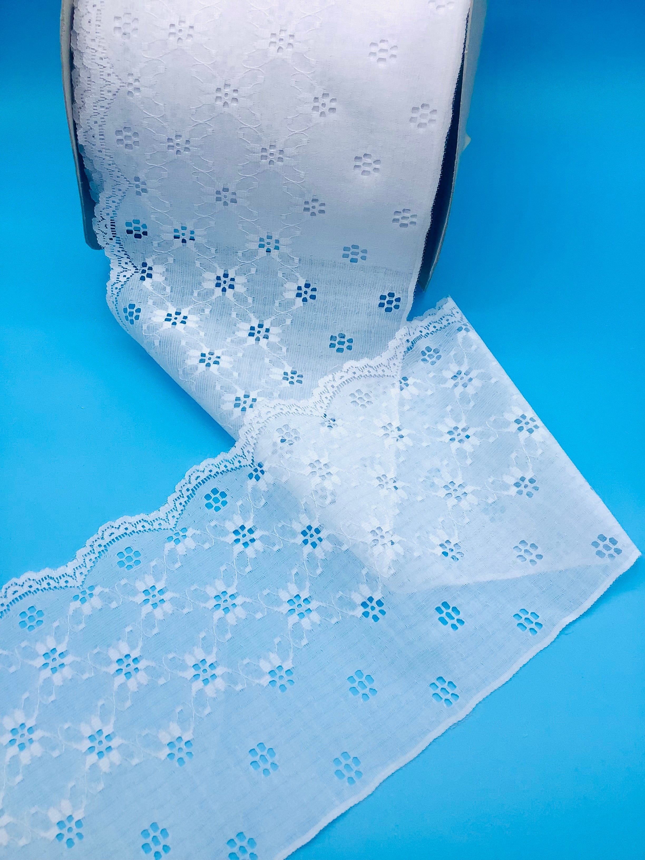 White 7-1/4" Raschel Lace Eyelet Design - 100% Polyester