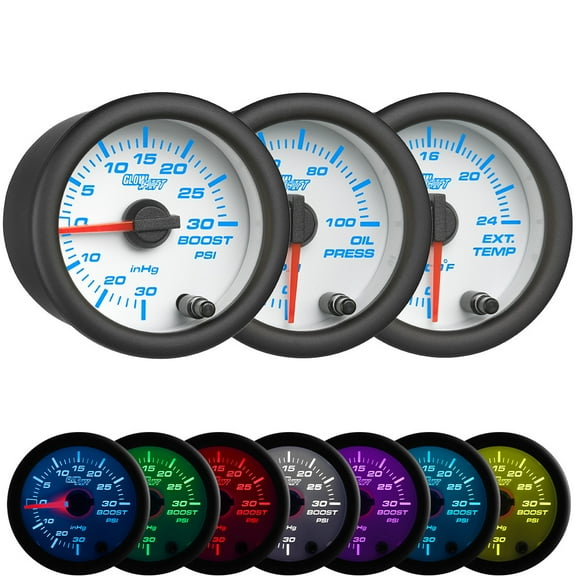 GlowShift | White 7 Color Series 30 PSI Boost Vacuum Gauge, 100 PSI Oil Pressure Gauge & 2400 Fahrenheit Pyrometer EGT Gauge Triple Set for Cars and Trucks