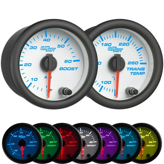 GlowShift | White 7 Color Series 60 PSI Boost Gauge and Transmission Temperature Gauge Dual Set for Cars and Trucks