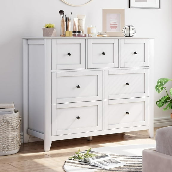 White 7-Drawer Chest Dresser, Modern Design with Deep Drawers & Nickel Handles, Spacious Wooden Organizer for Bedroom, Living Room, Entryway