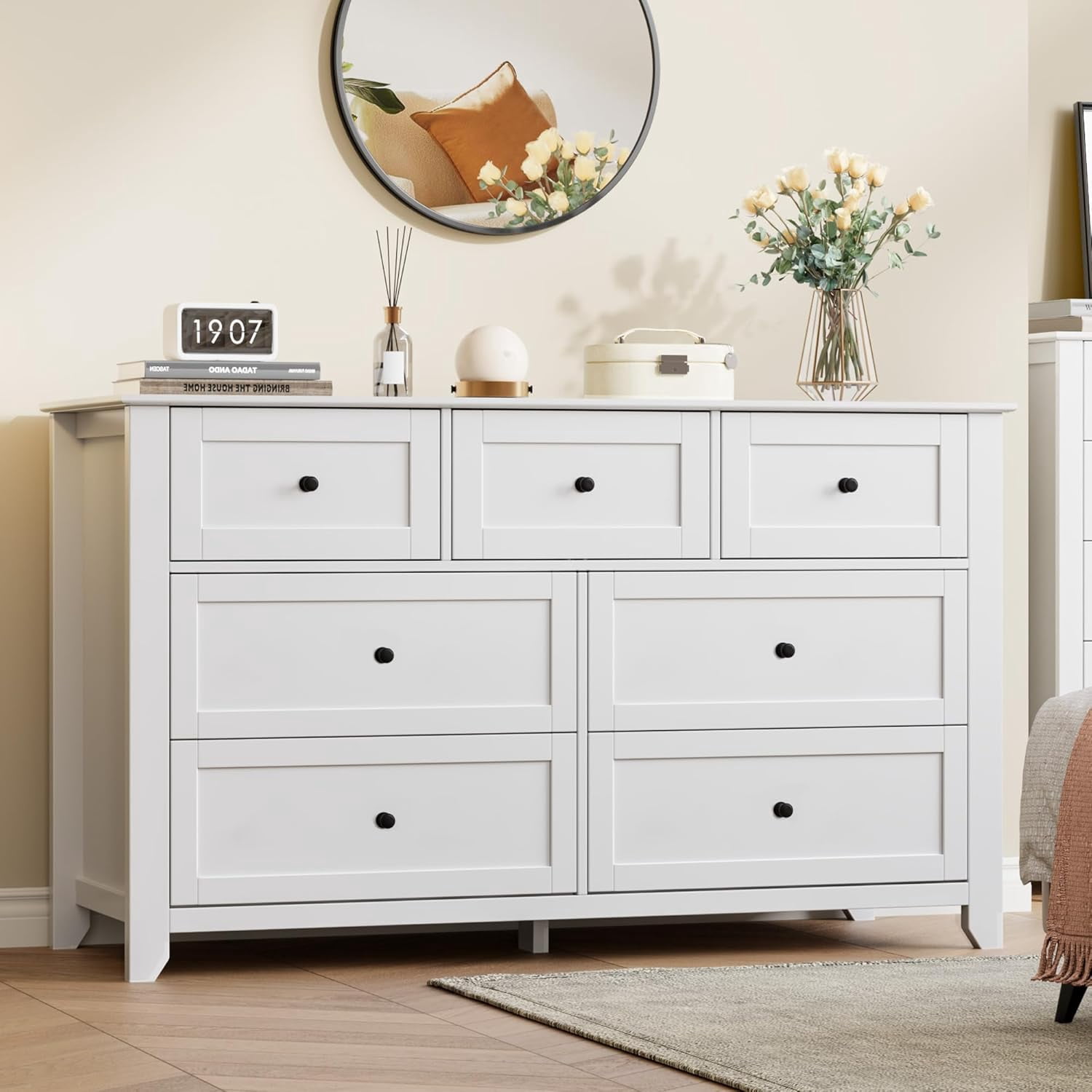 White 7 Drawer Dresser for Bedroom, 54" Wide Large Dresser with Deep  Drawers & Metal Knobs, Modern Wooden Chests of Drawers for Entryway, Hallway