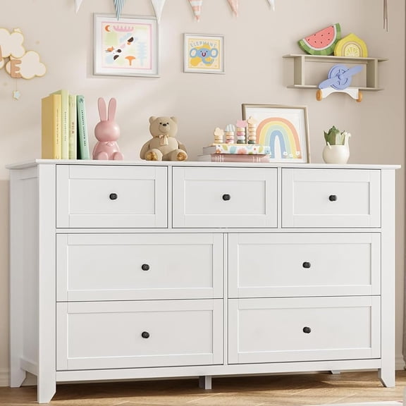 White 7 Drawer Dresser for Bedroom – 54" Wide Modern Wooden Chest with Deep Drawers, Metal Knobs, for Hallway, Entryway, Living Room