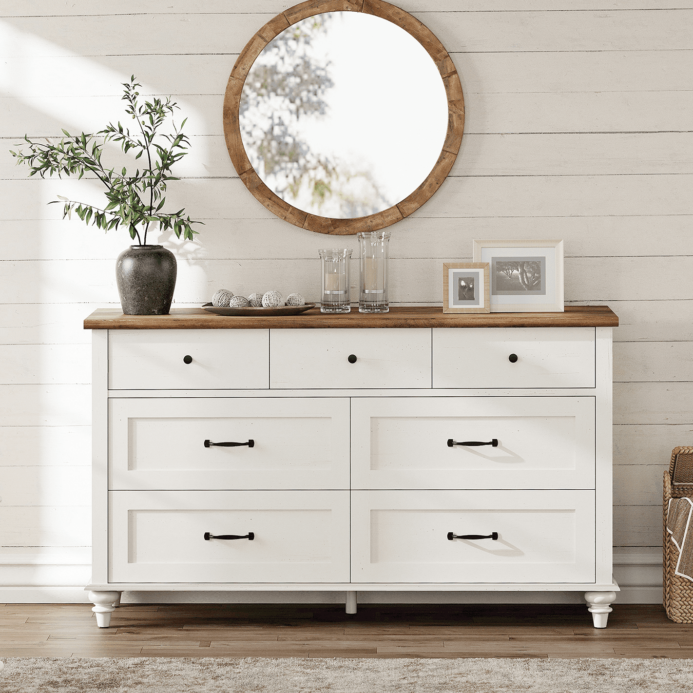 White 7 Drawer Dresser for Bedroom, Wooden Chest of Drawers Baby Dresser for Living Room