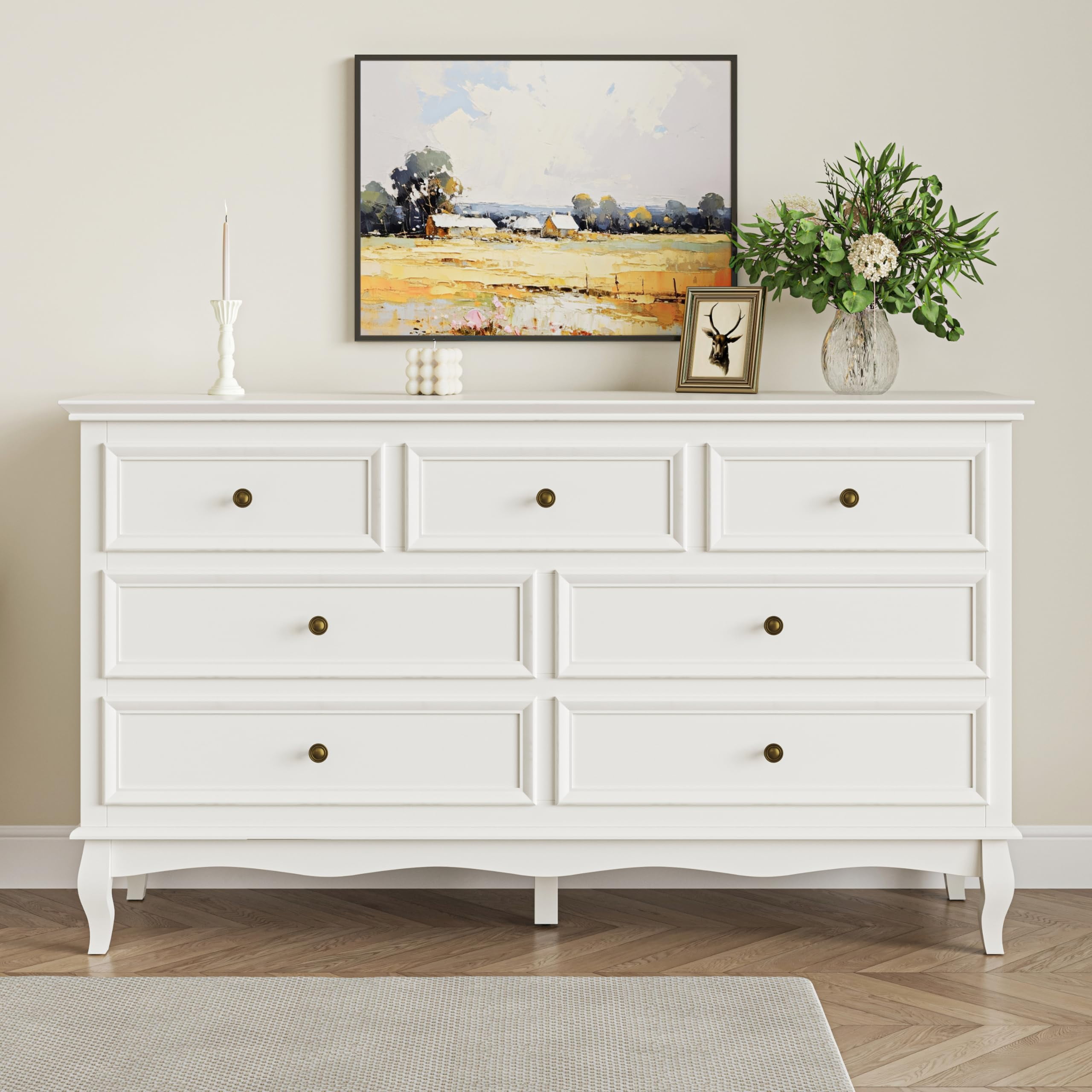 White 7 Drawer Dresser with Ball Bearing Slide, Sturdy Frame Modern Wood  Dresser Wide Nightstand Cabinet for Bedroom, Living Room, Hallway, Entryway