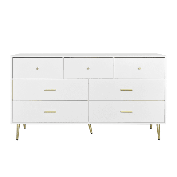 White 7-Drawer Large Chest of Drawers Golden Handles & Golden Legs for Bedroom Storage