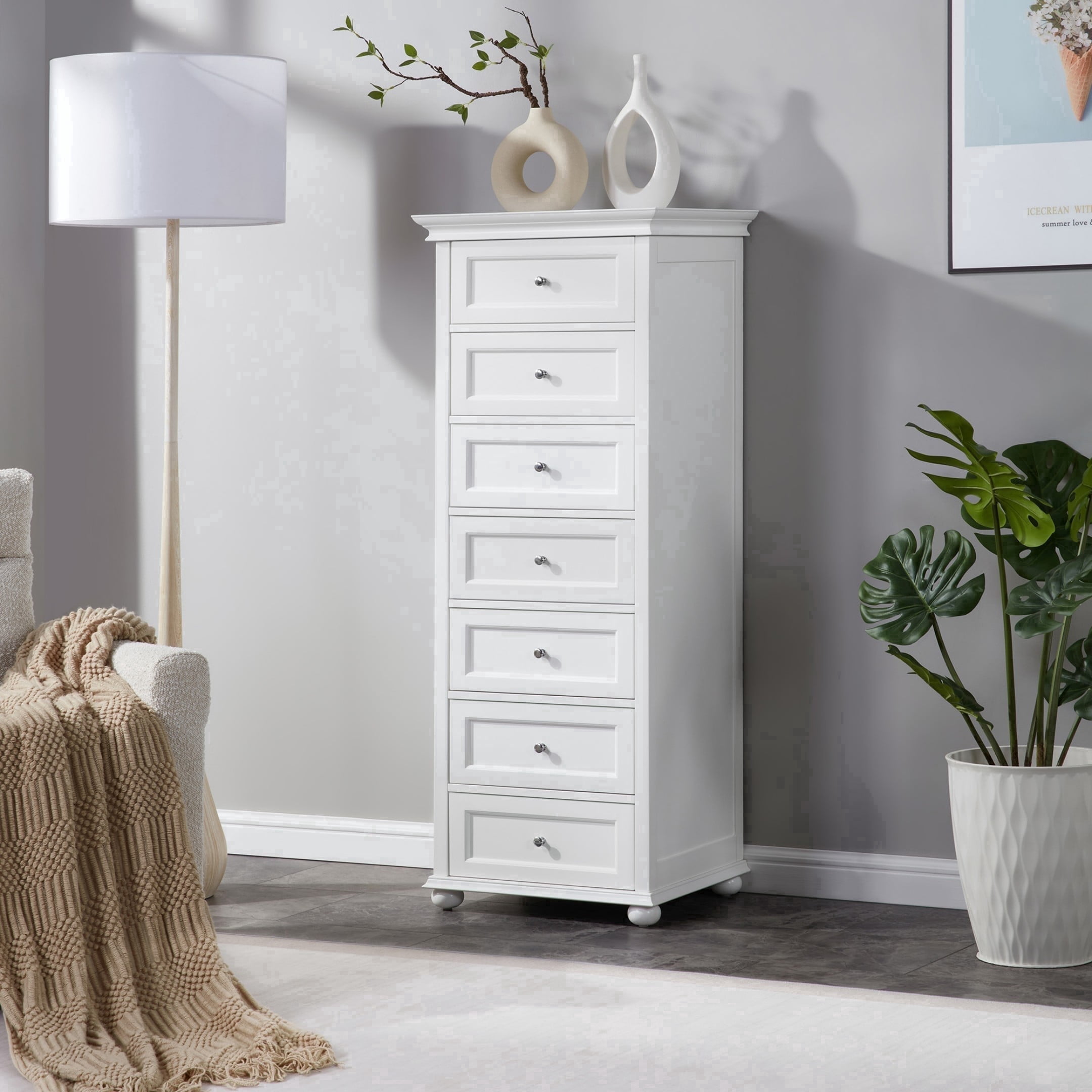 BOUQUETYZ Tall Skinny White Dresser with 7-Drawer, Tall Narrow Chest of Drawers for Bedroom, Solid Wood Legs & Silent Metal Glides, 52" H