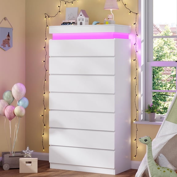 White 7 Drawer dresser with LED lights,chest of 7 drawers,modern large capacity storage cabinet with deep drawers, dresser for bedroom, living room