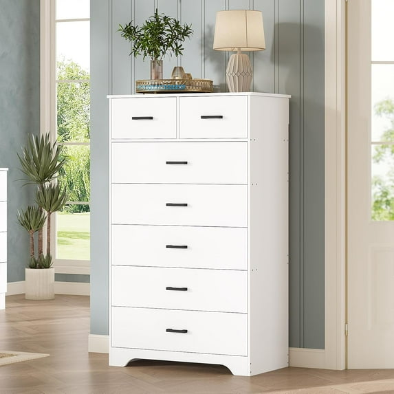 White 7 Drawers Dresser for Bedroom, Modern Chest of Drawers with Metal Handle, Vertical Dresser Storage Cabinets for Living Room Hallway