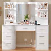 White 7 Drawers Quimoo Large Vanity Desk with LED Lighted Mirror & Power