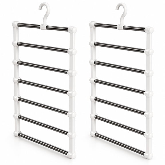 White 7-Rod Multi-Tier Pants Hangers, 2 Pcs, Foldable Closet Racks for Jeans and Scarves